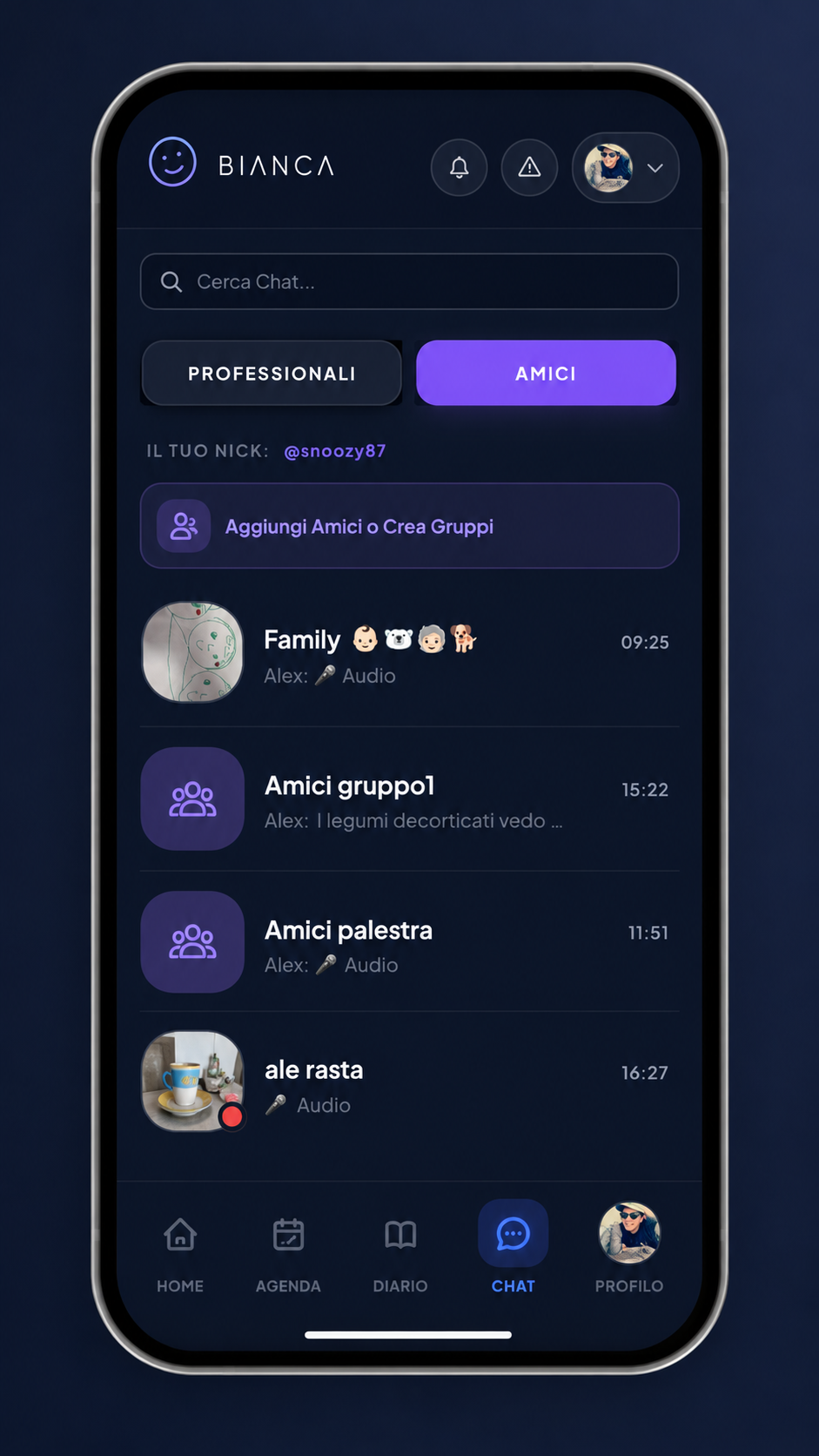Bianca — chat con amici e gruppi